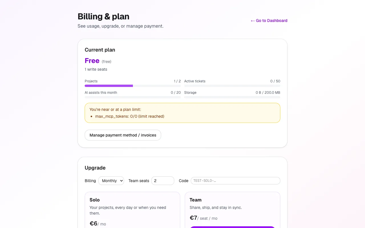 Billing page showing AI assists this month meter