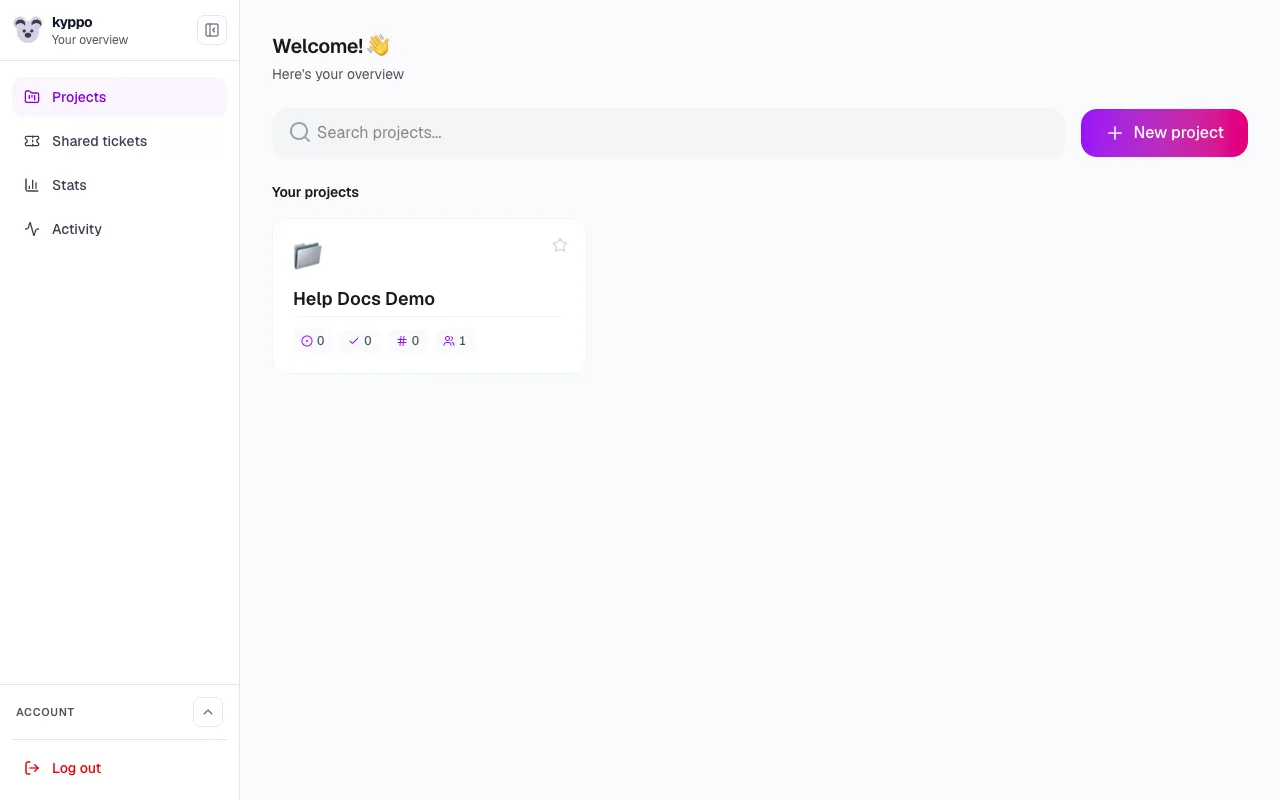 Kyppo dashboard showing projects and overview panels
