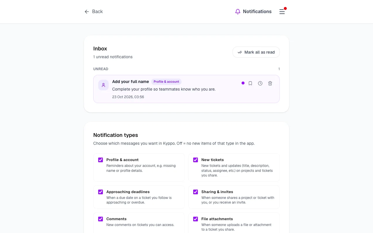 Notifications inbox with unread items grouped by day