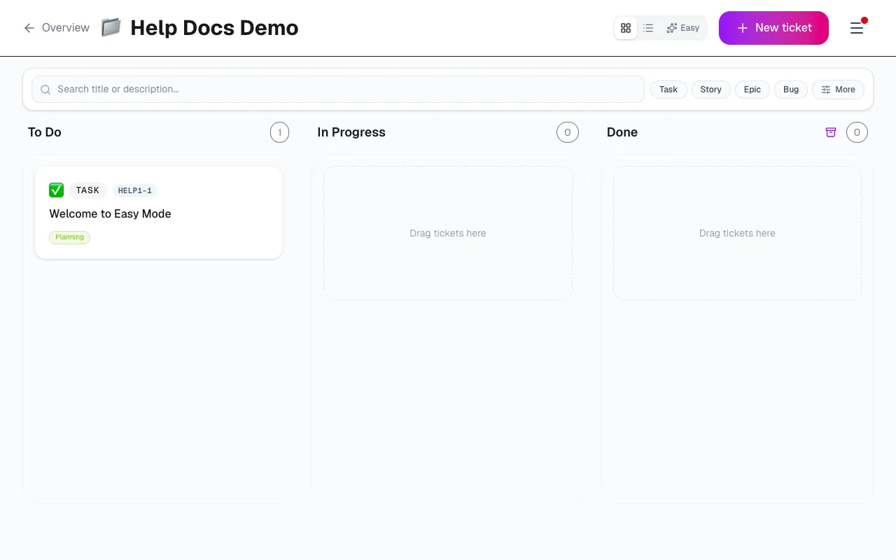 Kanban board with columns and cards